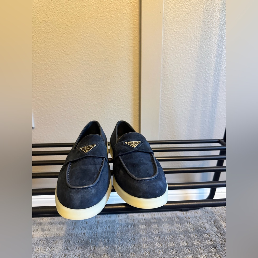 Prada Navy Suede Loafers with Cream Soles